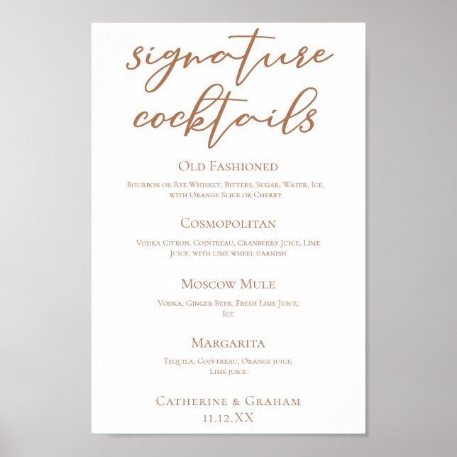 Affiche Sienna Brown Mariage Signature Cocktails Menu (Devant)