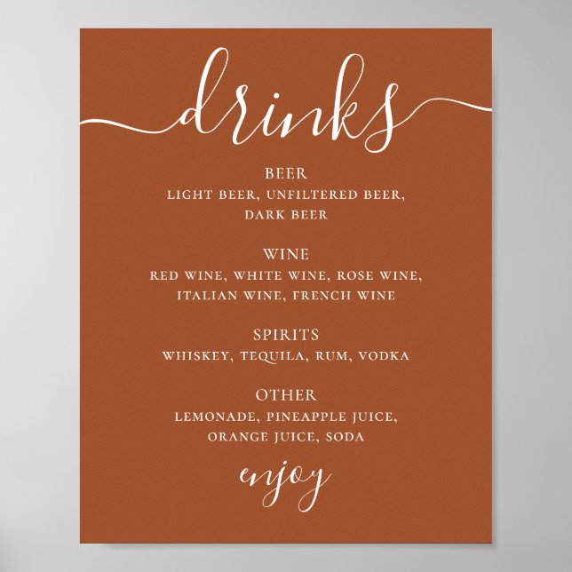 Affiche Sienna Wedding Drinks Menu | Terracotta Bar Sign (Devant)