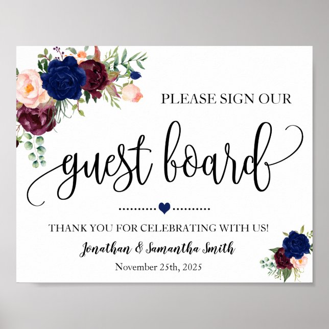 Affiche Sign our Guest board wedding shower navy burgundy (Devant)