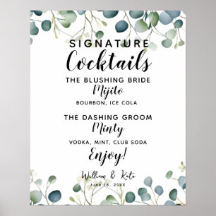 Affiche Signature Bar à cocktails signe mariage eucalyptus
