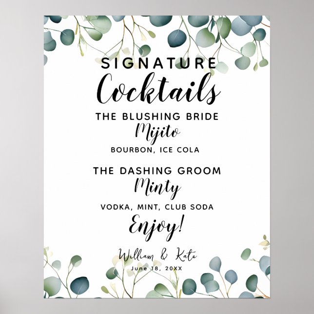 Affiche Signature Bar à cocktails signe mariage eucalyptus (Devant)