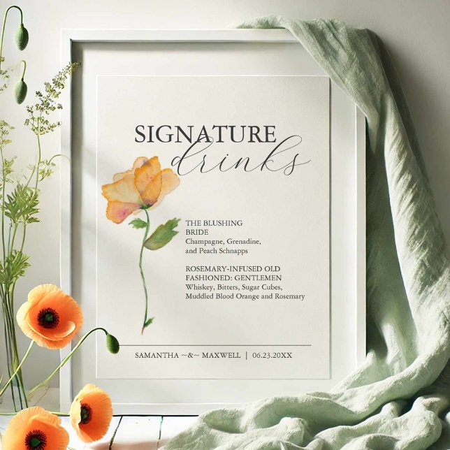 Affiche Signature Boissons 8x10 Floral Mariage Signal (Signature cocktail sign features an elegant watercolor orange flower by Victoria Grigaliunas )