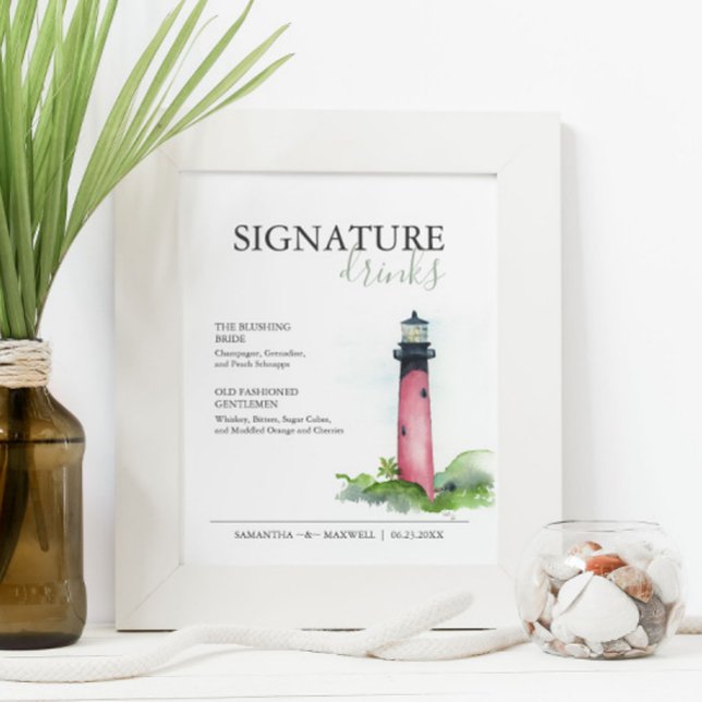 Affiche Signature Boissons 8x10 Plage Signal de mariage (Wedding signature drinks sign watercolor lighthouse art by Victoria Grigaliunas of Do Tell A Belle)