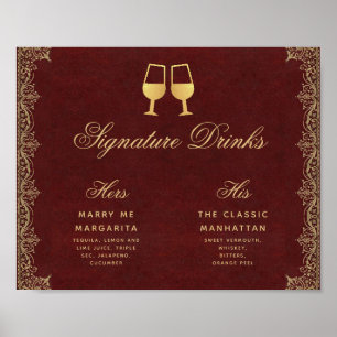 Affiche Signature Boissons Burgundy or Script Mariage Sign