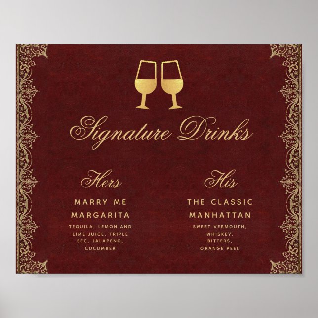 Affiche Signature Boissons Burgundy or Script Mariage Sign (Devant)