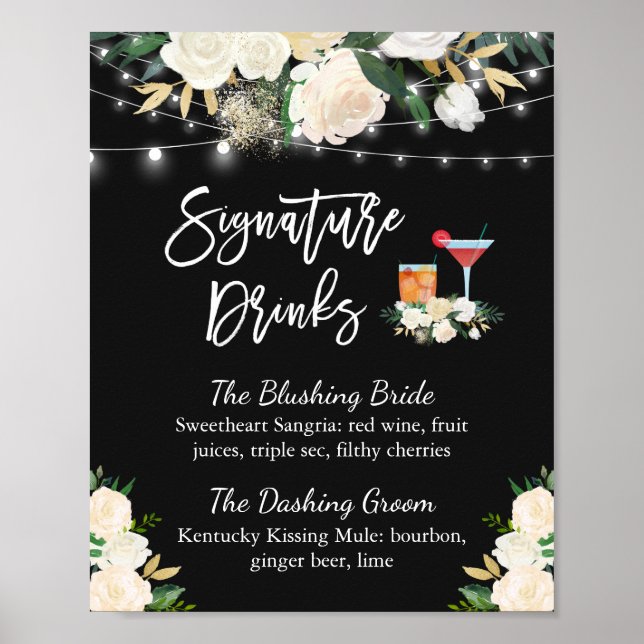 Affiche Signature Boissons Cocktail Ivory Floral Mariage (Devant)