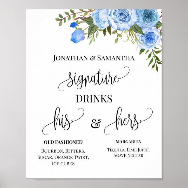 Affiche Signature Boissons Couples Mariage Blue Floral Sig (Devant)
