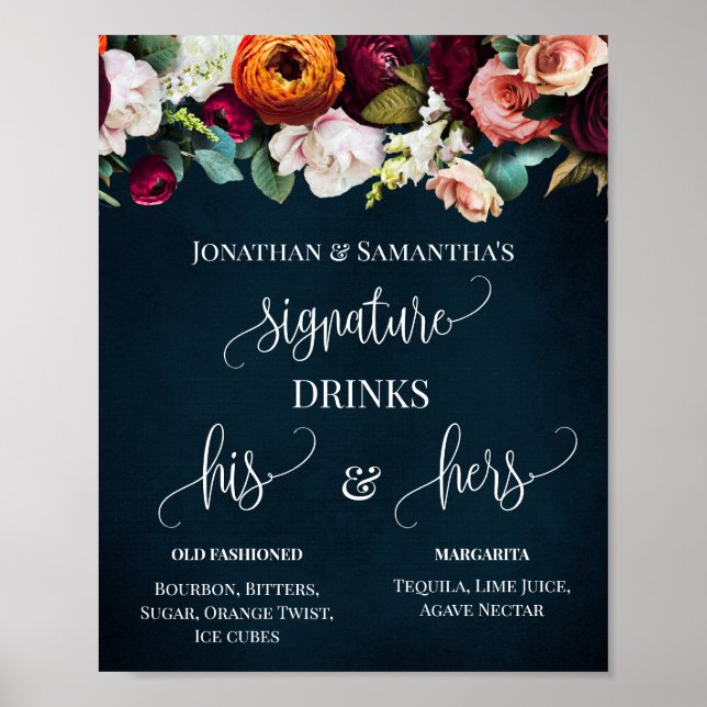 Affiche Signature Boissons Mariage Fleurs de vin Panneau d (Devant)