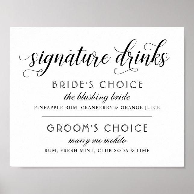 Affiche Signature Boissons Moderne Mariage noir et blanc (Devant)