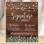 Affiche Signature Boissons Verdure String Mariage<br><div class="desc">Boissons Signature ! Eeucalyptus moderne mais rustique et lampes à cordes sur bois rustique de campagne avec élégante calligraphie, ce panneau signature bar à boisson propose deux cocktails "la Mariée" et "la Salle", personnalisés avec vos boissons de choix. Customisez cette élégante enseigne de mariage avec vos noms et boissons signature!...</div>