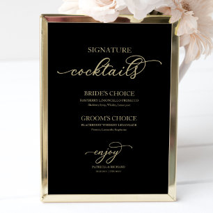 Affiche Signature Cocktails Gold Script Black Sign