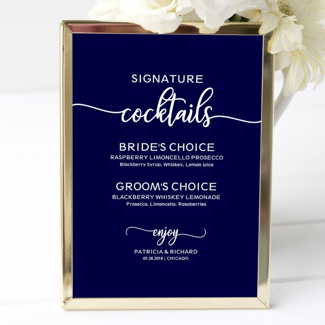 Affiche Signature Cocktails Panneau Mariage bleu marine (Créateur téléchargé)