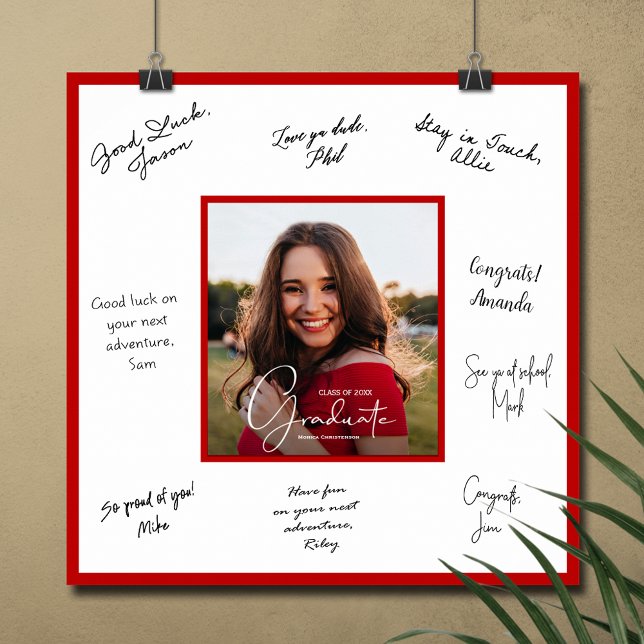 Affiche Signature de la photo de graduation moderne (Graduation autograph poster with your photo and red border, INSTANT DOWNLOAD and/or PRINTED)