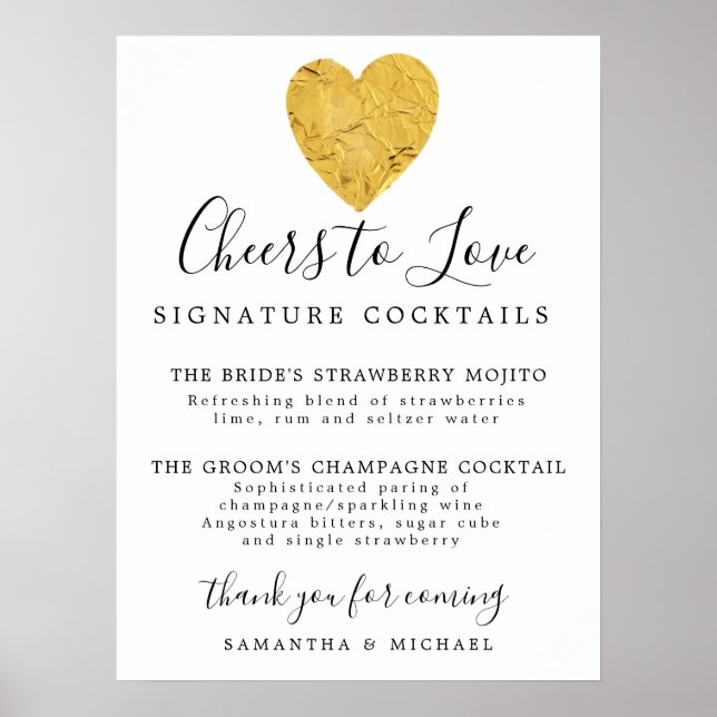Affiche Signature Gold Heart Cocktails Mariage Bar Signal (Devant)