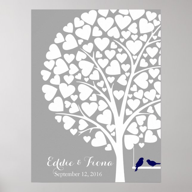 Affiche signature mariage guest book tree bird marine (Devant)