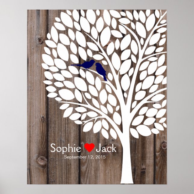 Affiche signature mariage guest book tree marine blue wood (Devant)