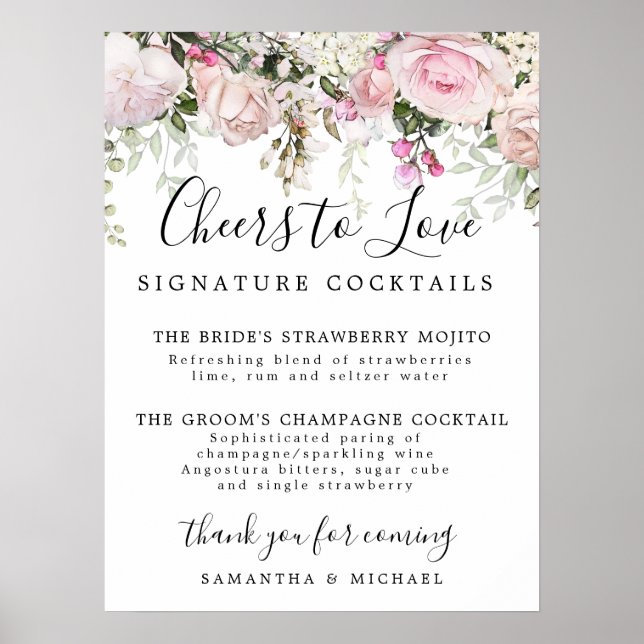 Affiche Signature rose Floral Cocktails Bar Mariage Pannea (Devant)