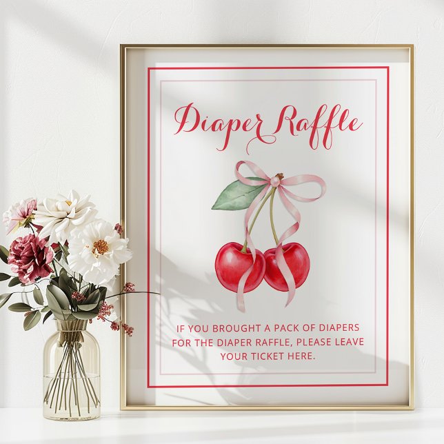 Affiche Signe à rousseur Baby shower cerise (Diaper Raffle Baby Shower Sign)