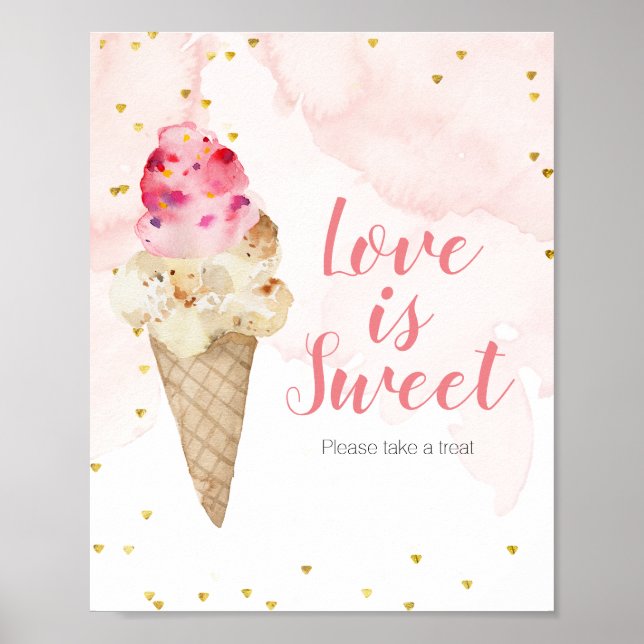 Affiche Signe Amour Sucré Glace Rose Poudré et Or (Devant)
