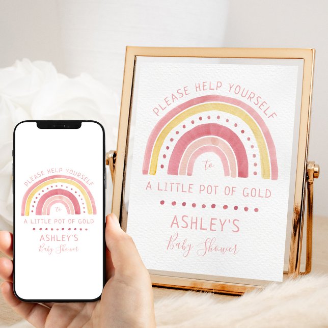 Affiche Signe arc-en-ciel Baby shower rose Pot des Faveurs (Rainbow baby shower favors sign)