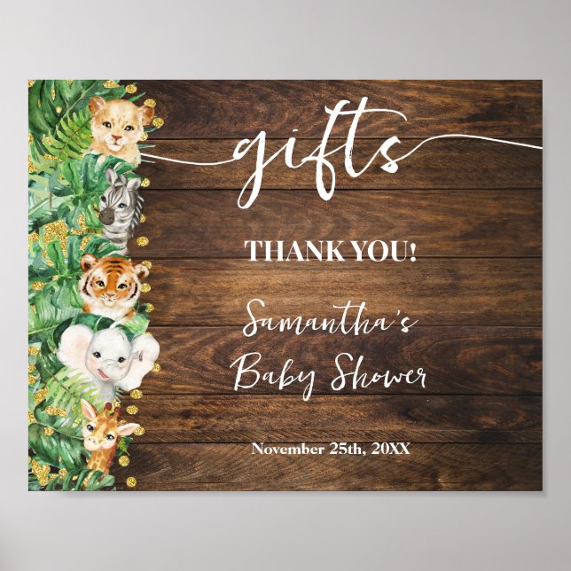 Affiche SIGNE Baby shower Cadeaux Safari Rustique sauvage (Devant)