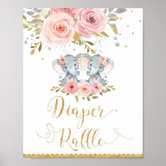 Affiche Signe Baby shower de couches éléphant Twin Girls (Devant)