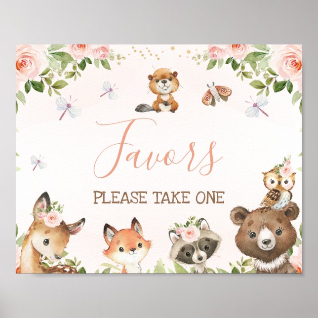 Affiche SIGNE Baby shower Rose Floral Bois Animaux (Devant)