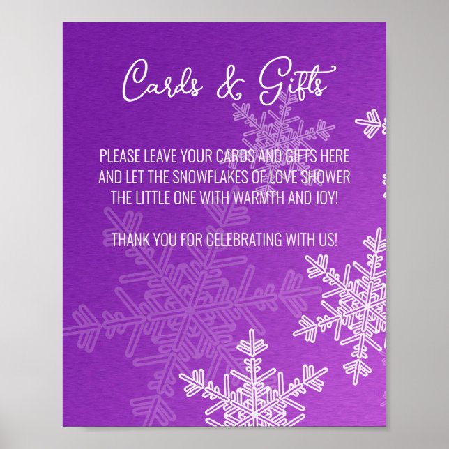 Affiche Signe baby shower Violet Snowflakes Cartes et Cade (Devant)