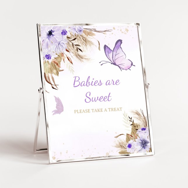 Affiche Signe Bébé Fleur Papillon Fête de Naissance Les Bé (Purple Butterfly Baby Shower Babies are Sweet Sign)