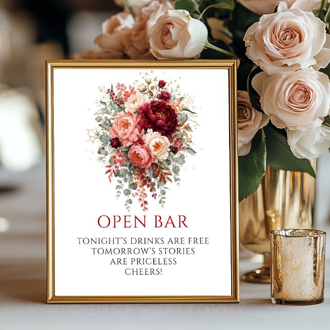 Affiche Signe Boho Floral Rouge Profond Opulent 8x10 pour  (Opulent Deep Red Boho Floral Open Bar 8x10 Sign

)