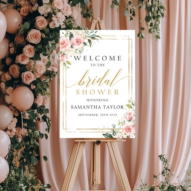 Affiche Signe d'accueil de la douche de nage rose vif (Blush pink floral gold bridal shower welcome sign)