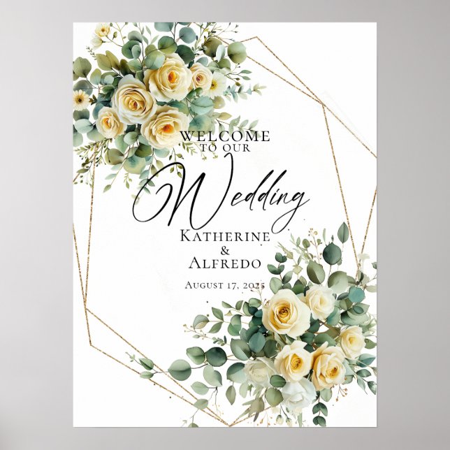 Affiche signe d'accueil mariage, rose et verdure (Devant)