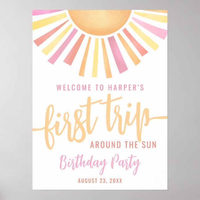 Affiche Signe de 1er anniversaire Pink First Trip Around T (Devant)