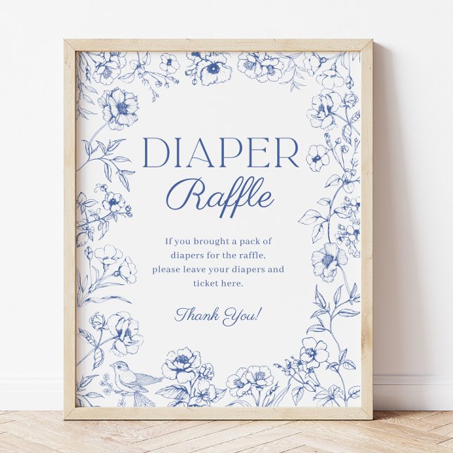 Affiche Signe de Baby shower Bleu Chinoiserie (Blue Chinoiserie Baby Shower Diaper Raffle Sign)