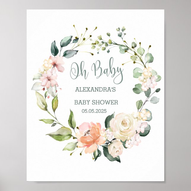 Affiche Signe de Baby shower de couronne de fleurs et de f (Devant)