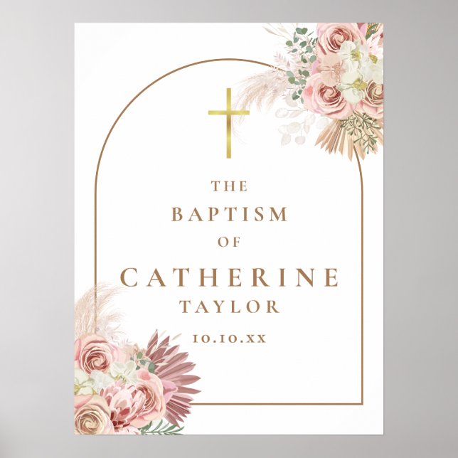 Affiche Signe de baptême en or rose avec herbe des Pampas (Devant)