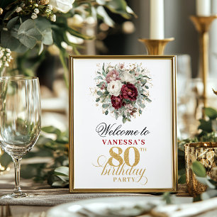 Affiche Signe de bienvenue 80e anniversaire Burgundy Blush