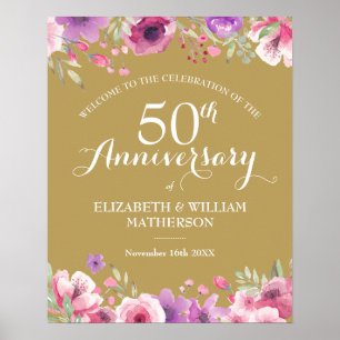 Affiche Signe de bienvenue aquarelle Roses 50e anniversair