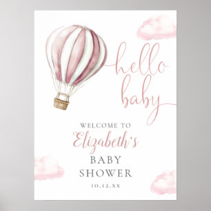 Affiche Signe de bienvenue Baby Shower Montgolfière Rose
