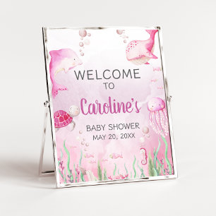 Affiche Signe de bienvenue Baby Shower Rose sous la mer