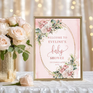 Affiche Signe de bienvenue Boho Blush Fleurs Rose Baby Sho