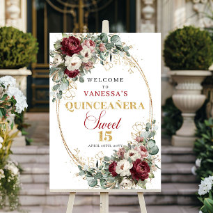 Affiche Signe de bienvenue Boho Floral Quinceanera Bourgog