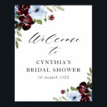 Affiche signe de bienvenue burgundy bleu poussiéreux<br><div class="desc">de belles fleurs d'aquarelle bleu turquoise bordeaux. Le texte et les couleurs de cette affiche peuvent être modifiés.</div>