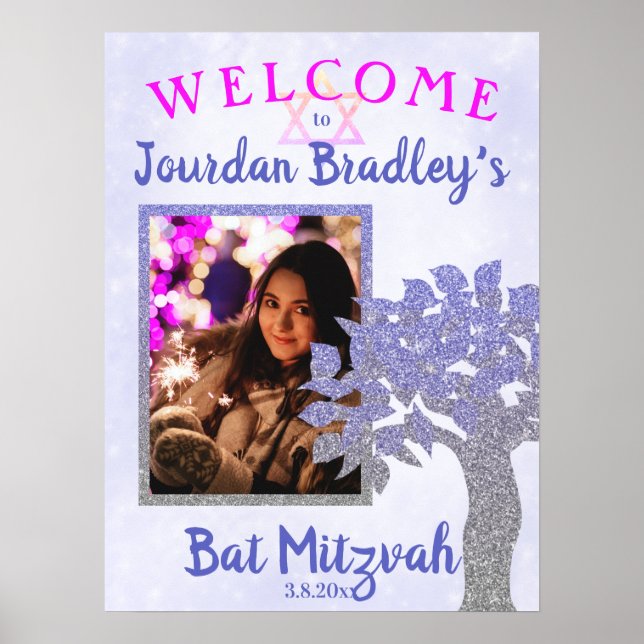 Affiche Signe de bienvenue de Bat Mitzvah d'arbre scintill (Devant)