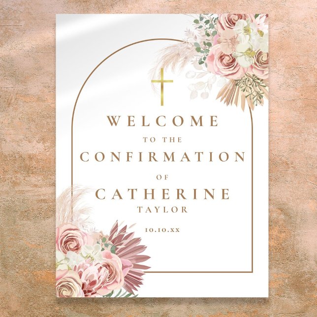 Affiche Signe de bienvenue de confirmation de fleurs d'her (Floral Pampas Grass Confirmation Welcome Sign)