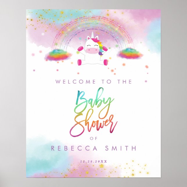 Affiche signe de bienvenue du baby shower de la licorne ar (Devant)