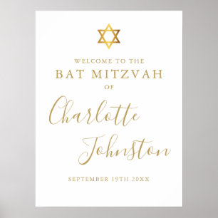 Affiche Signe de bienvenue en or écriture Bat Mitzvah Bar