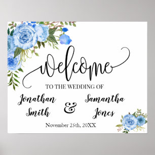 Affiche signe de bienvenue mariage boho chic bleu fleuri