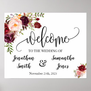 Affiche signe de bienvenue mariage boho chic marsala flora