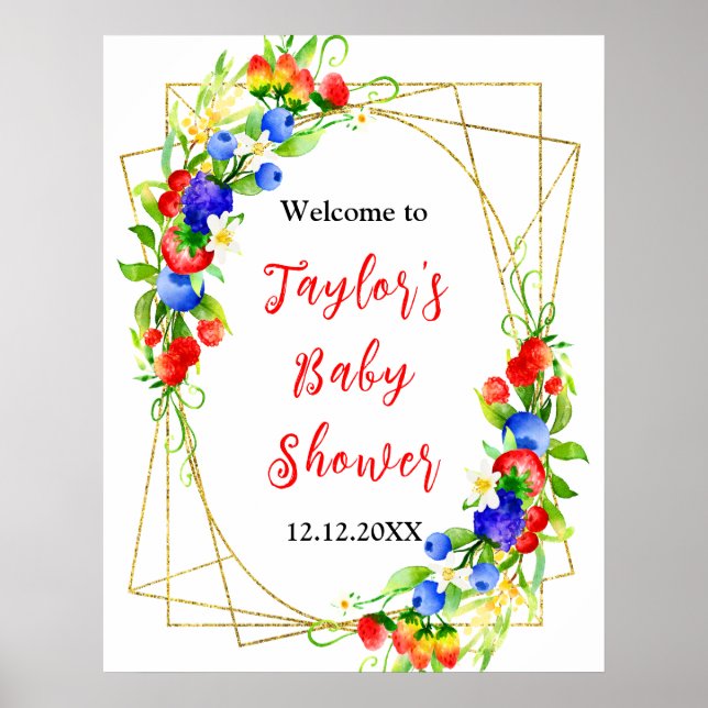 Affiche Signe de bienvenue pour Baby Shower aux fruits rou (Devant)